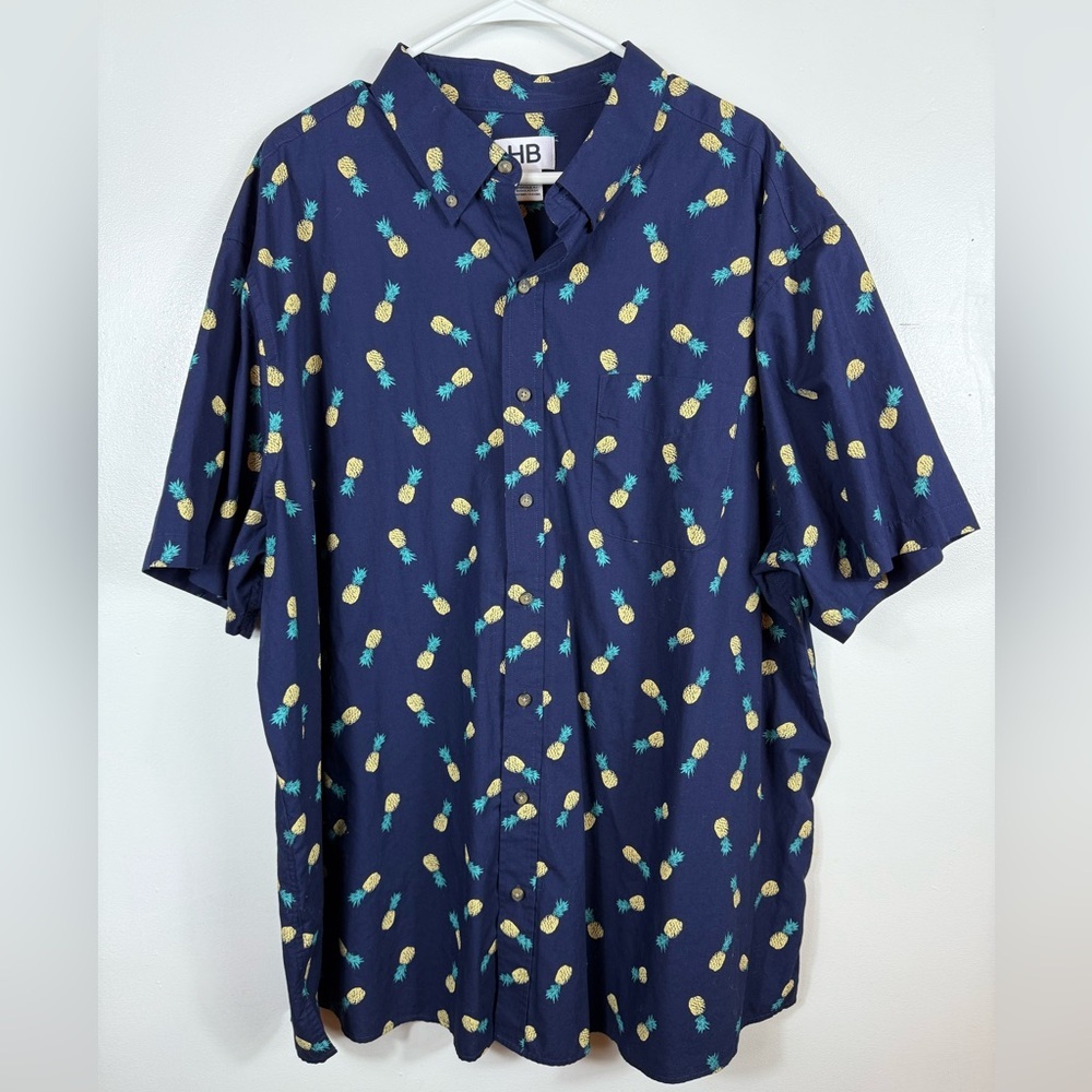 HB Mens Pineapple‎ Button Down Shirt Blue Size 2XL Short Sleeve Tropical Summer
